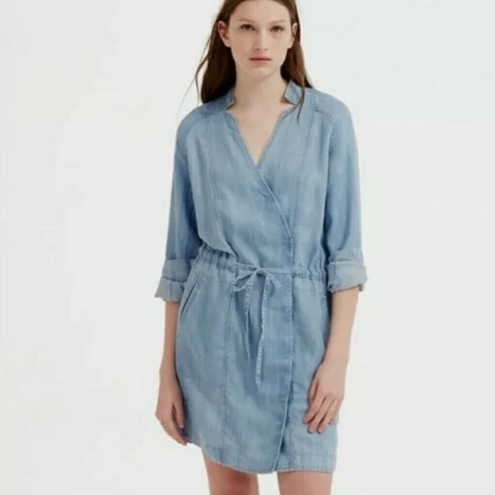 Lou & Grey M Blue Chambray Lyocell Overlap Shirt Dress‎